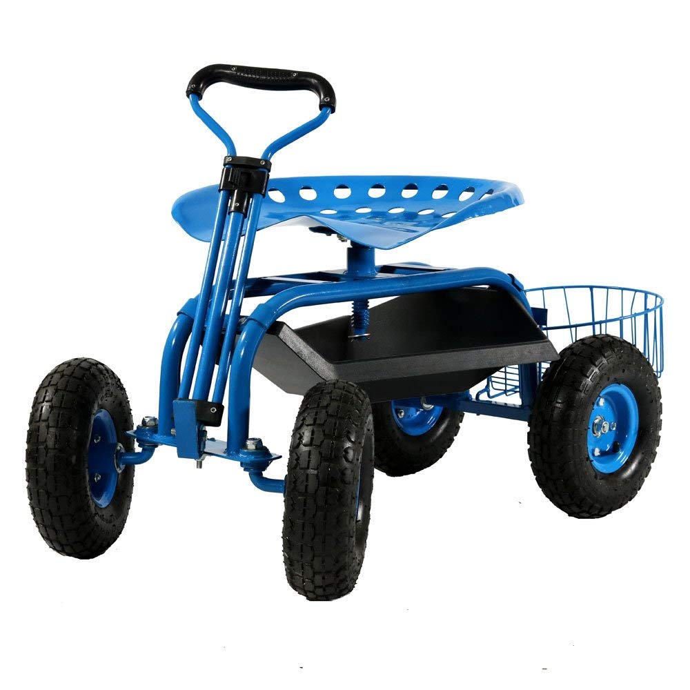 Garden Cart Rolling Scooter with Extendable Steering Handle Swivel Seat